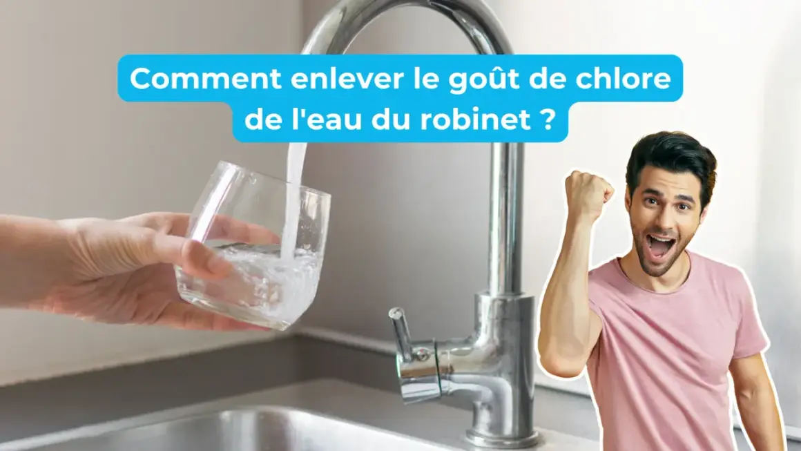 Un homme célèbre la joie de boire de l'eau non chlorée. Un verre d'eau est rempli sous un robinet.