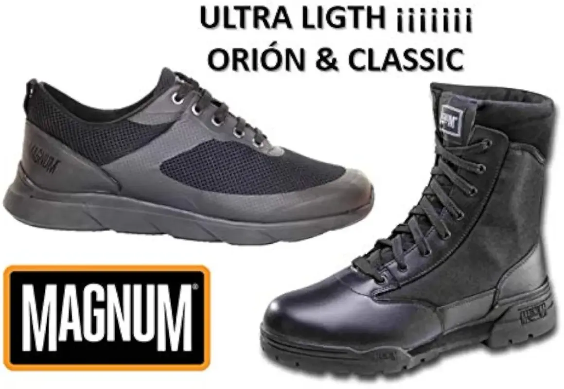Botas Magnum Classic y zapatillas deportivas negras, ideales para cualquier aventura.