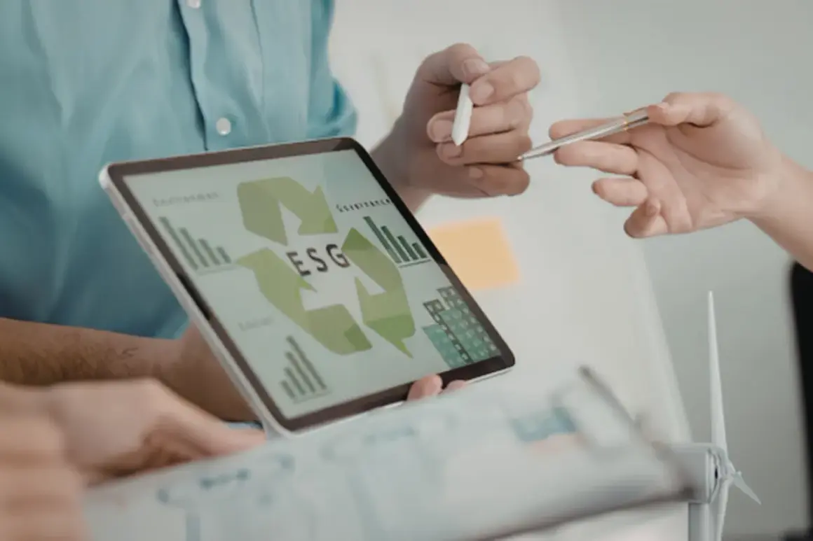 Zespół analizuje dane ESG na tablecie, planując strategię zrównoważonego rozwoju. To kluczowy element nowoczesnego system zarządzania energią ems.