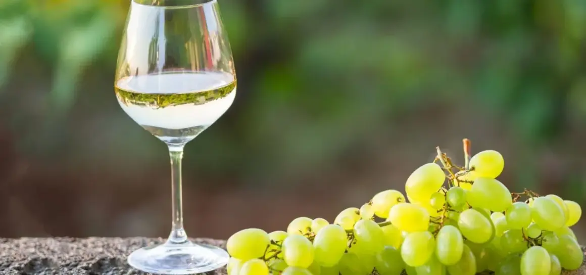 Szklanka białego wina, prawdopodobnie alvarinho, obok kiści zielonych winogron na kamiennym blacie.