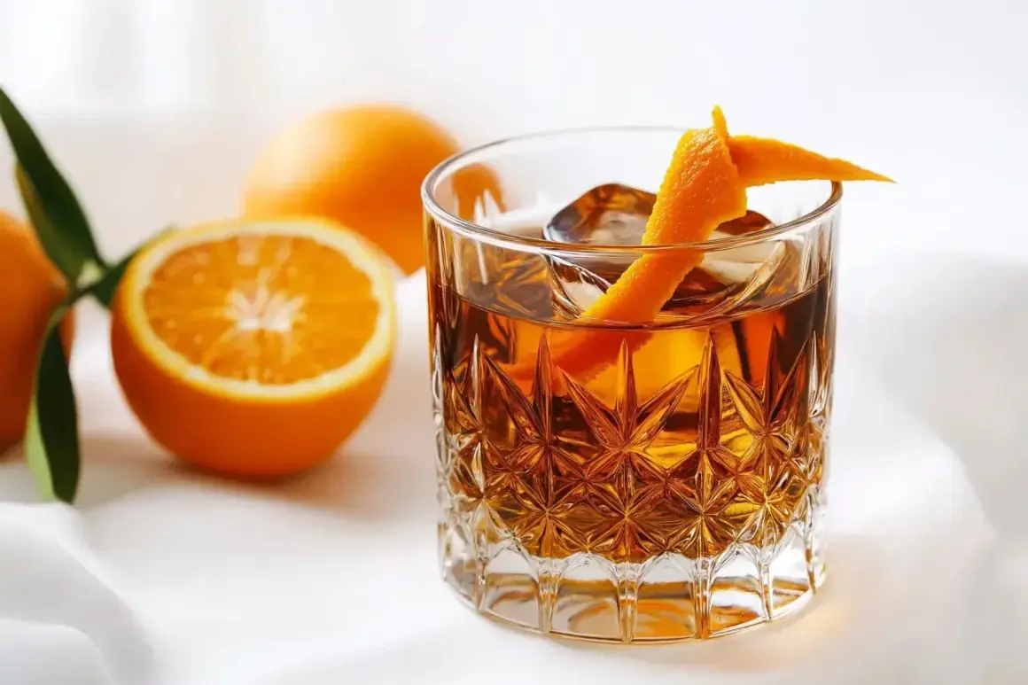 En drink med is och apelsinskal, bredvid apelsiner. Perfekt för ett sockerlag recept.