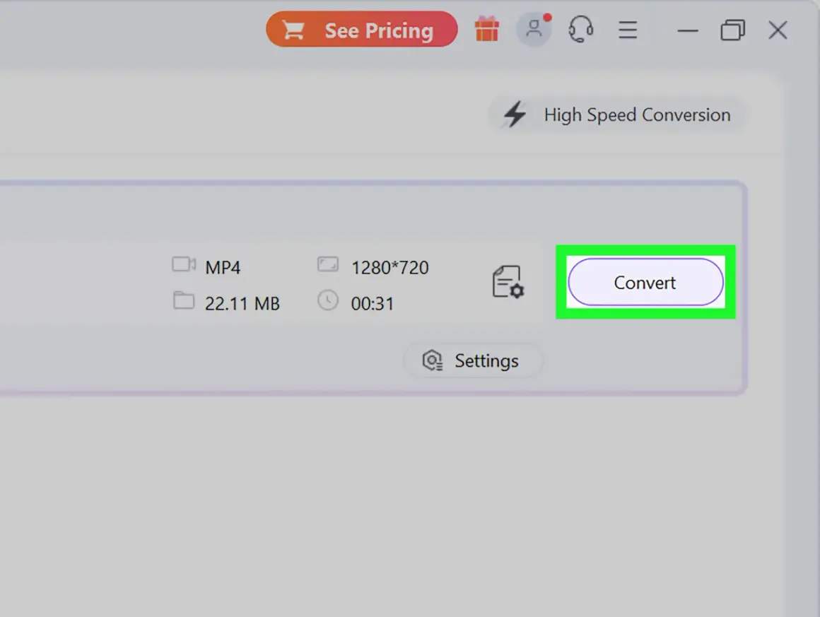 nsv. A video file, MP4, 22.11 MB, 1280x720 resolution, 00:31 duration, is ready to convert.