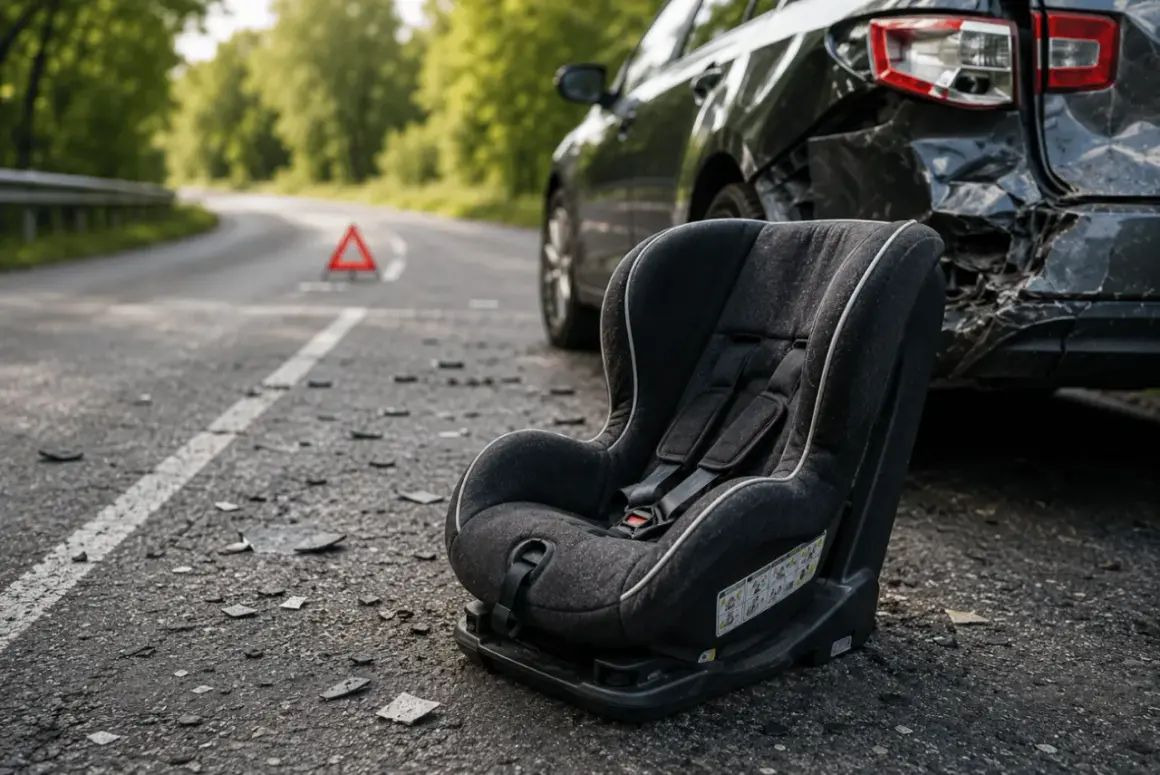 Ein Kindersitz liegt neben einem stark beschädigten Auto am Straßenrand. Ein Warndreieck ist auf der Straße zu sehen. Ein trauriger Anblick nach einem Unfall.