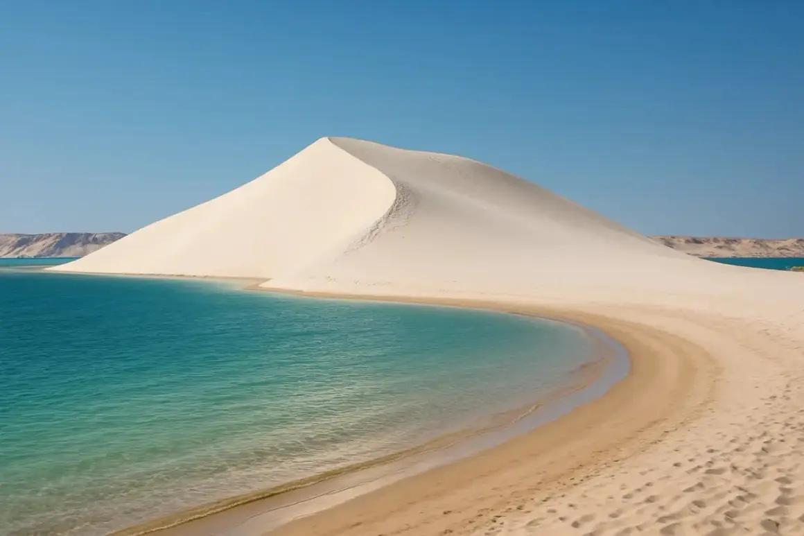 La majestueuse dune blanche de Dakhla rencontre les eaux turquoise d'un lagon paisible, sous un ciel d'un bleu éclatant.