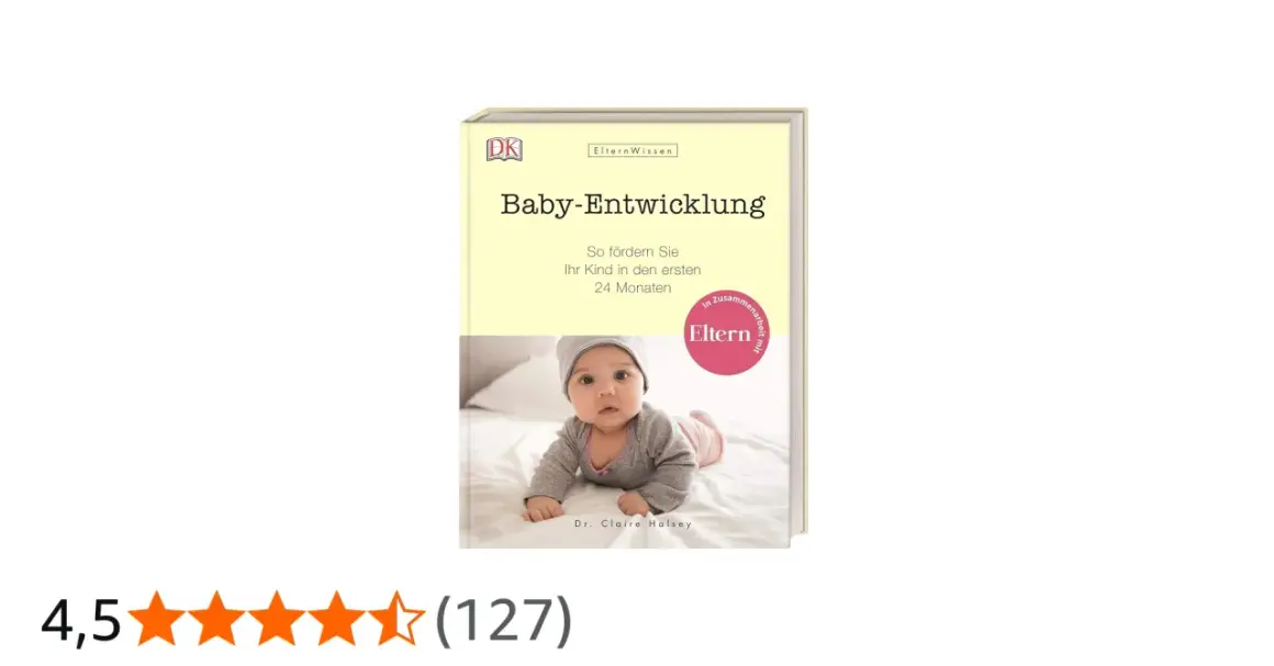 Ein Buchcover zeigt ein Baby, das auf dem Bauch liegt. Der Titel "Baby-Entwicklung" verspricht Tipps für den ersten Sprung des Babys.