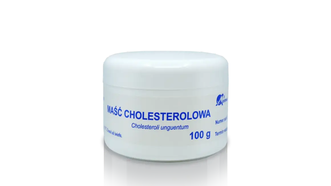 Biały słoiczek z niebieskim napisem "MAŚĆ CHOLESTEROLOWA" i informacją o wadze 100 g.