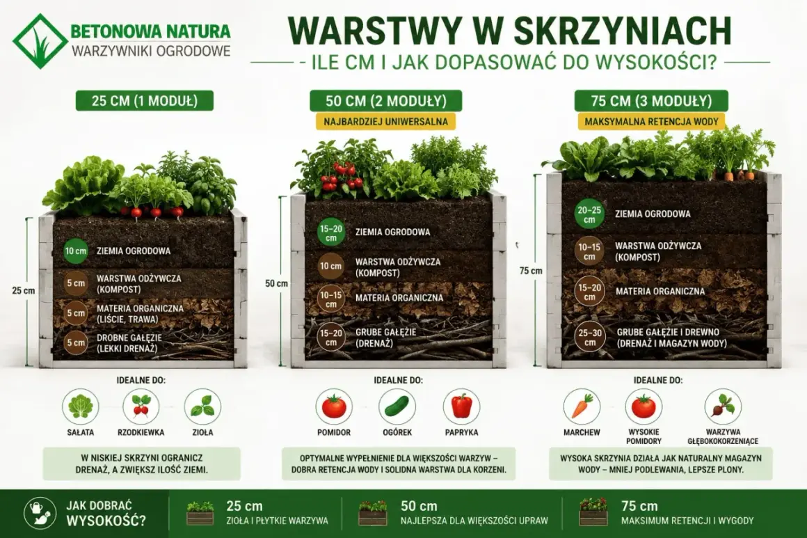 Warstwy w skrzyniach: ziemia, kompost, materia organiczna, gałęzie. Dowiedz się, czym wypełnić podwyższone grządki, by zapewnić optymalne warunki dla roślin.