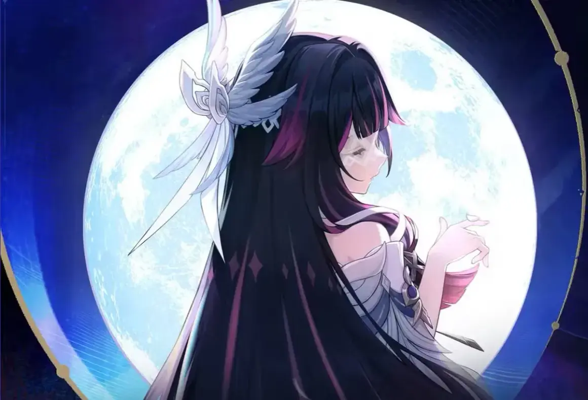 Anime-Figur mit langen schwarzen Haaren und einem weißen Kopfschmuck vor einem großen Mond. Genshin Leaks zeigen neue Charaktere.