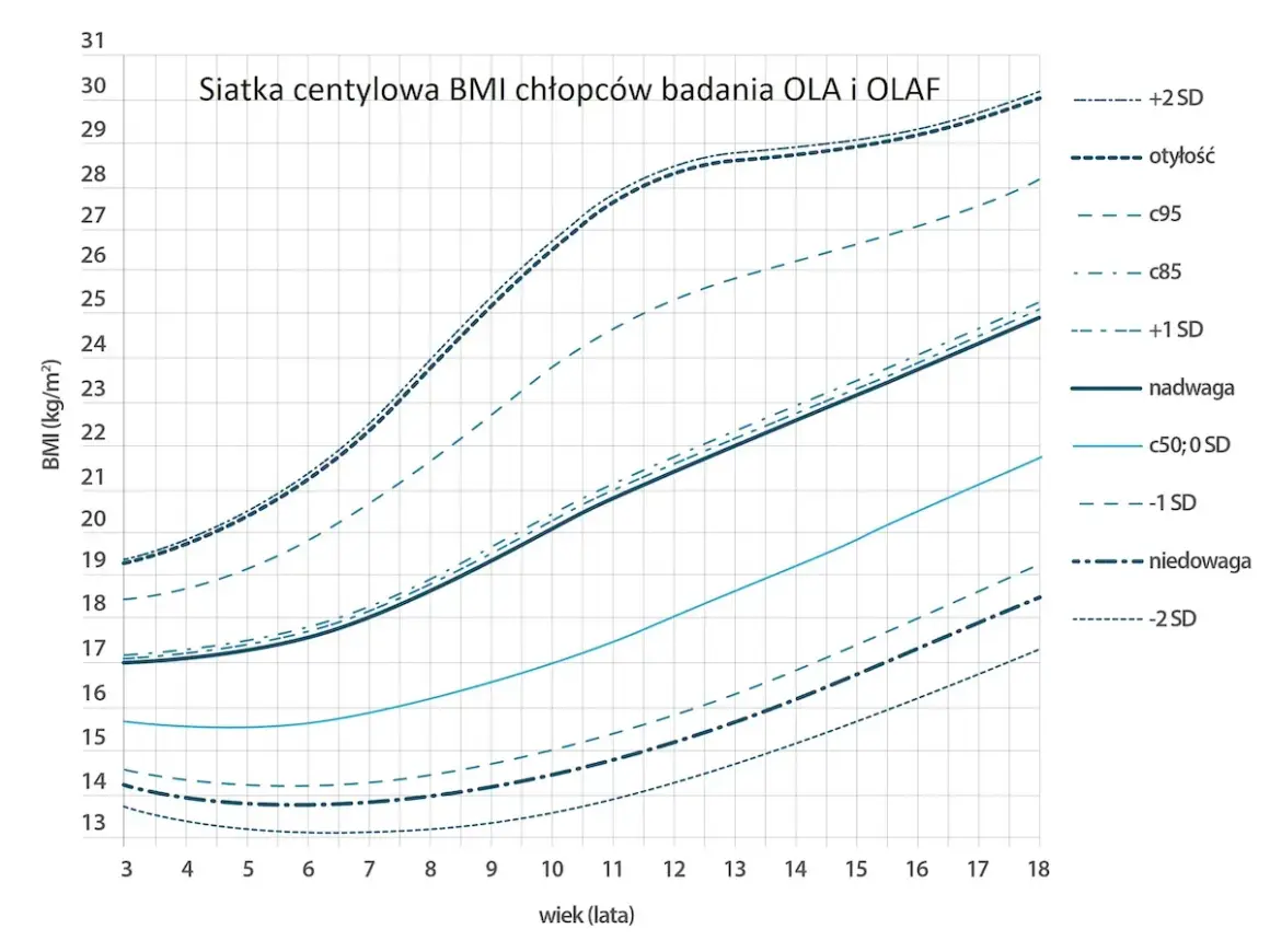 Siatka centylowa BMI dla chłopców. Wiek 10 lat: prawidłowy wzrost to ok. 19-22 BMI, zależnie od centyla.