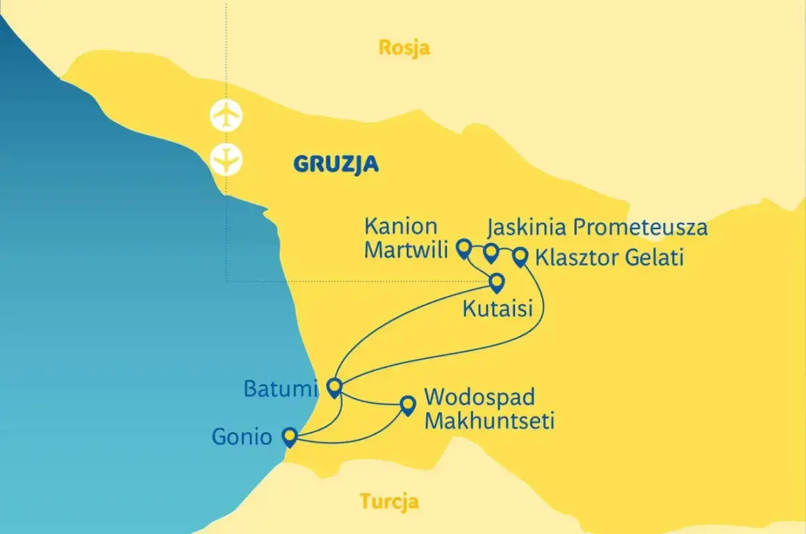 Mapa Gruzji z zaznaczonymi atrakcjami: Batumi, Gonio, Kutaisi, Kanion Martwili, Jaskinia Prometeusza, Klasztor Gelati, Wodospad Mchuntseti.