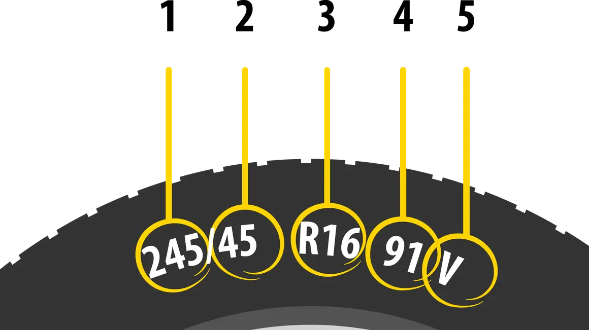 Opis opony samochodowej: 245/45 R16 91V. Wymiary i indeksy na tle bieżnika.