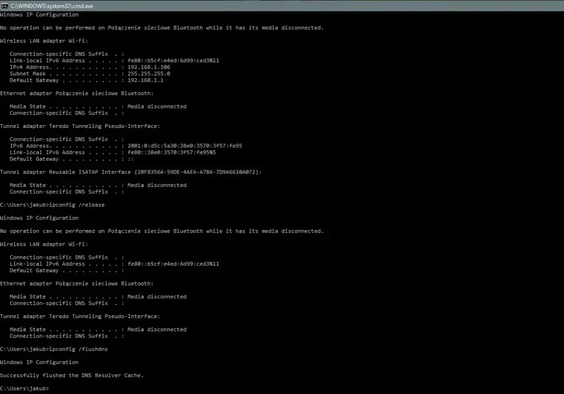 Wyniki polecenia ipconfig w wierszu poleceń Windows, pokazujące informacje o konfiguracji sieci.