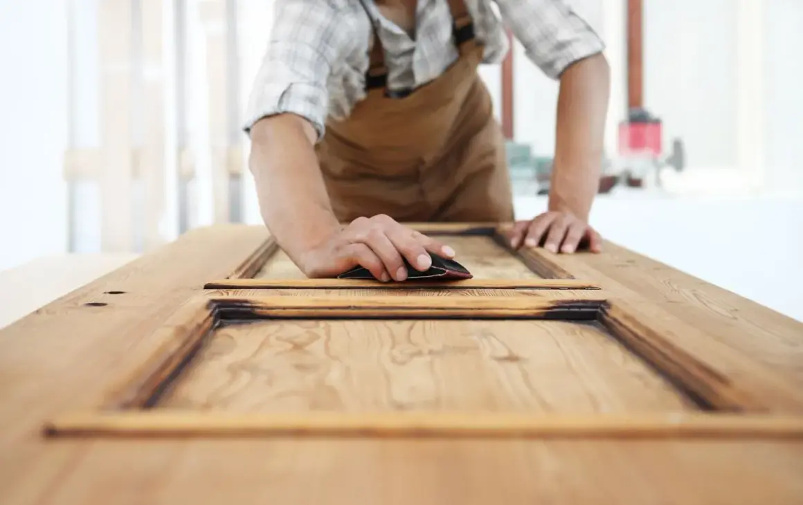 Carpintero lijando una puerta de sapelly para modernizarla, revelando la veta de la madera.