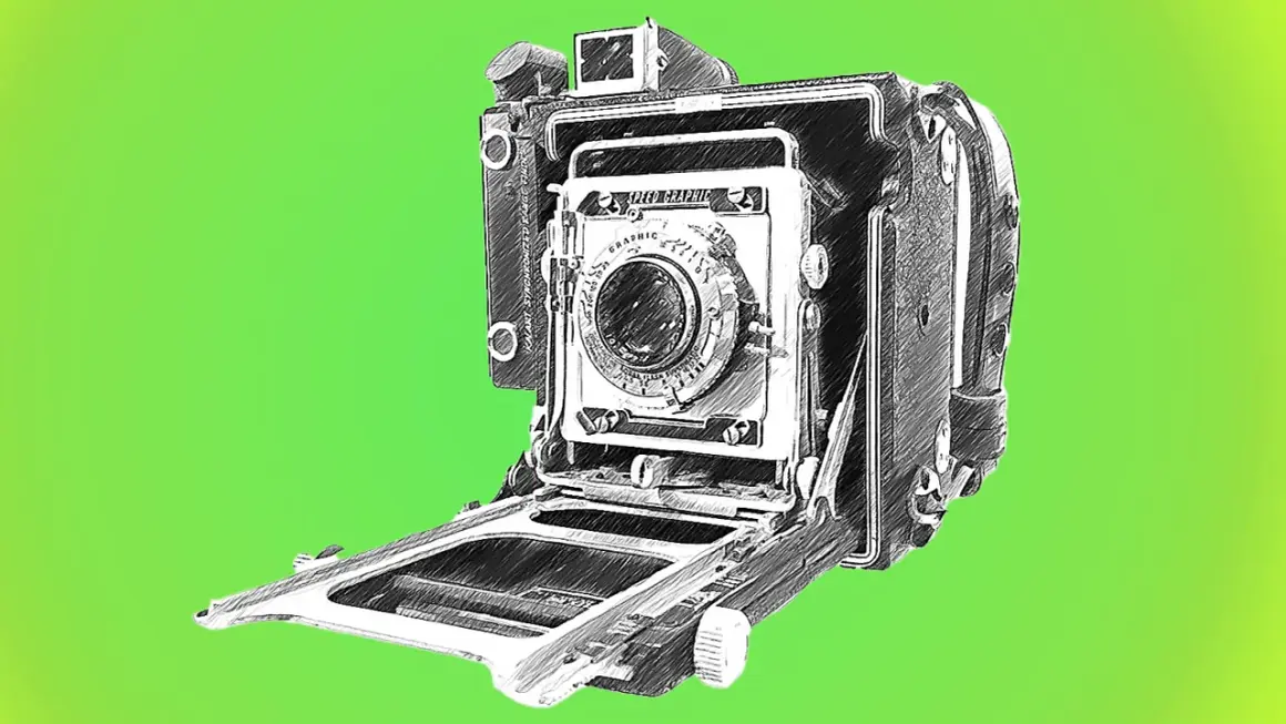 Sketch of a vintage Graflex Speed Graphic camera, ready to capture history.