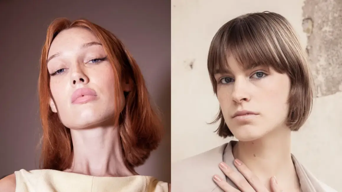 Due modelle con caschetto al mento: una con capelli rossi e trucco audace, l'altra con capelli castani e look naturale.