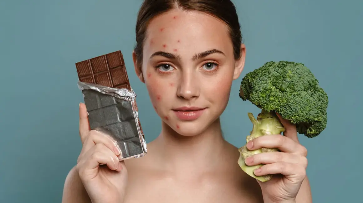 Frau mit Pickeln hält Schokolade und Brokkoli. Welche Lebensmittel helfen gegen Pickel? Brokkoli ist gesund, Schokolade oft nicht.