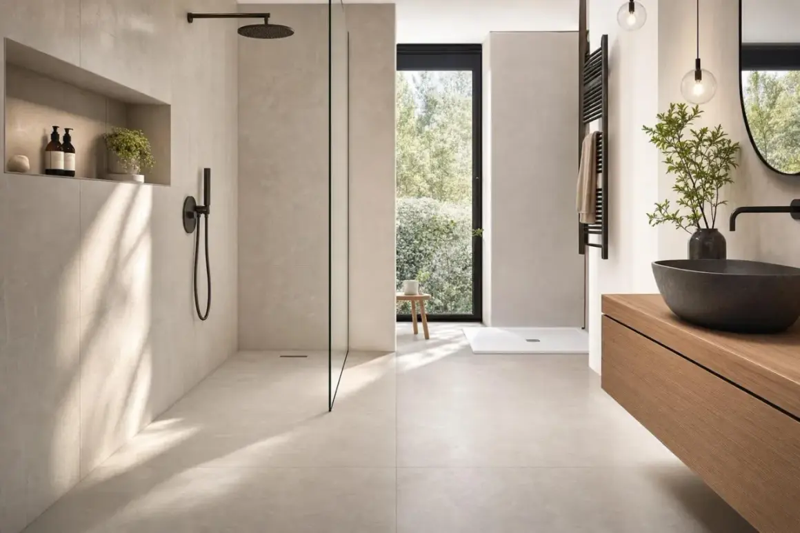 Aménagement douche moderne avec paroi en verre, niche murale et robinetterie noire. Un espace épuré et lumineux.
