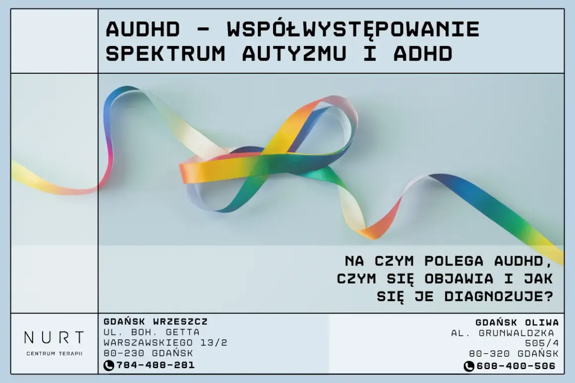 Tęczowa wstążka symbolizuje współwystępowanie spektrum autyzmu i ADHD, czyli audhd. Plakat informuje o tym zjawisku.