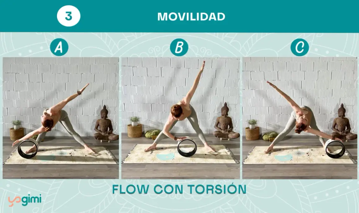 Secuencia de yoga con rueda para movilidad y torsión. Posturas A, B y C con una mujer en un estudio.