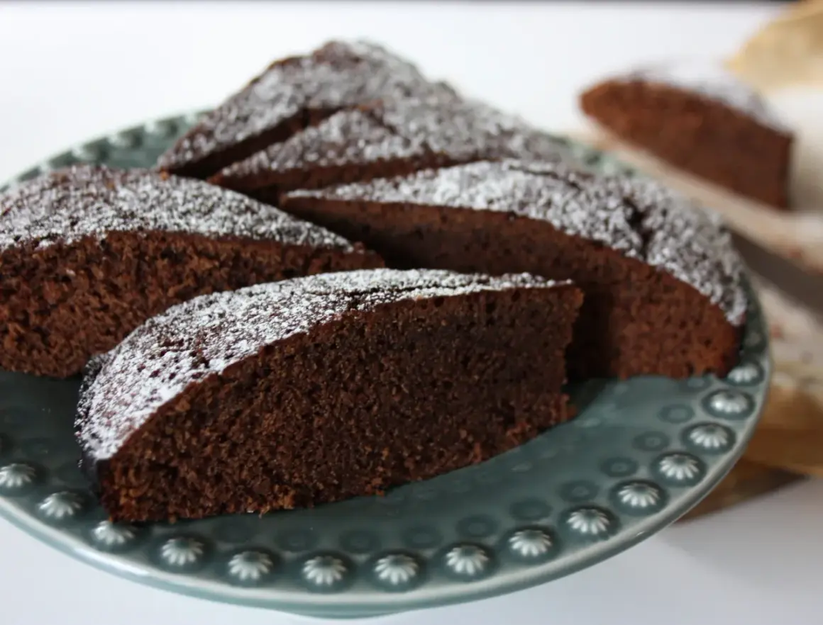 Skivor av saftig chokladkaka med kakao, pudrade med florsocker, ligger på en vacker gråblå tallrik.