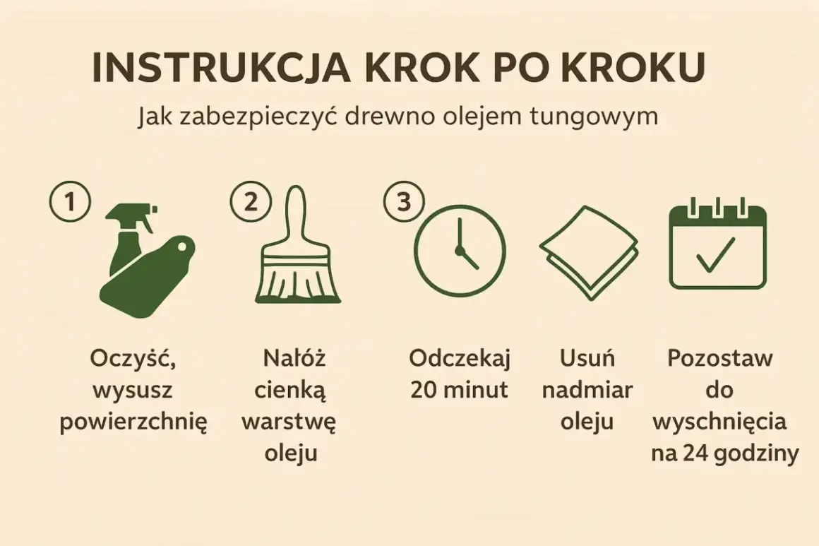 Instrukcja jak zabezpieczyć drewno przed wodą: oczyść, nałóż olej tungowy, odczekaj, usuń nadmiar i pozostaw do wyschnięcia.