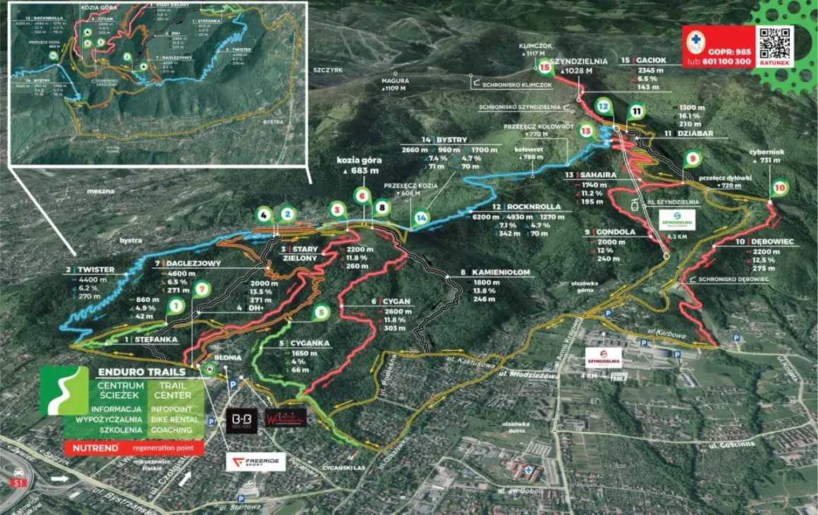 Mapa z zaznaczonymi trasami **enduro trails** w Beskidach, z nazwami, długością i nachyleniem.