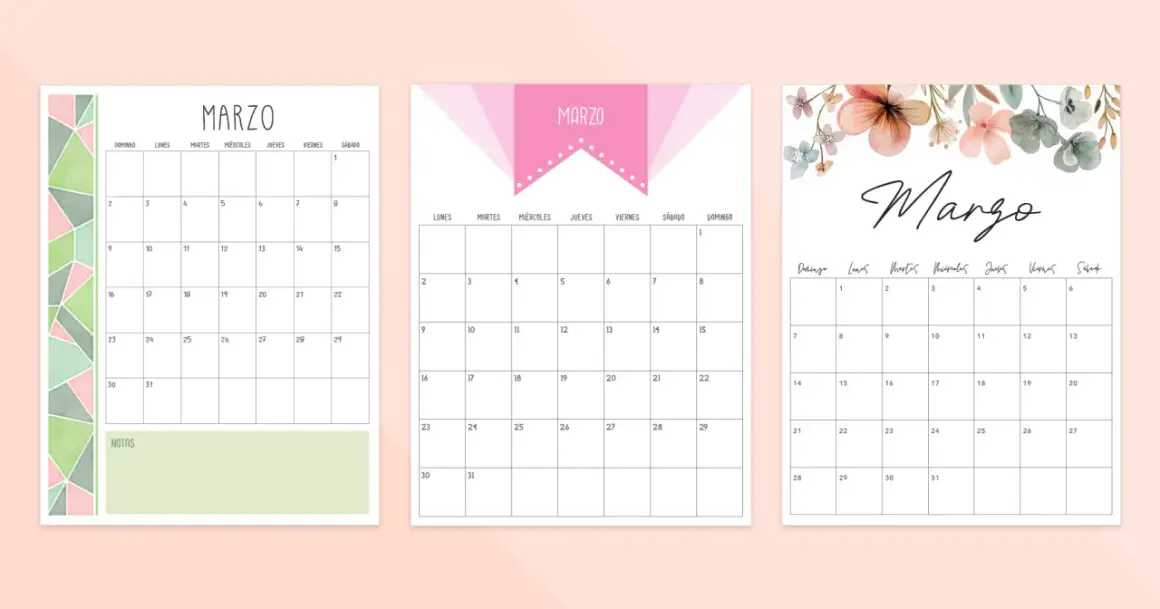 Tres diseños de calendario del mes de marzo, uno con diseño geométrico, otro con un lazo rosa y el último con flores.