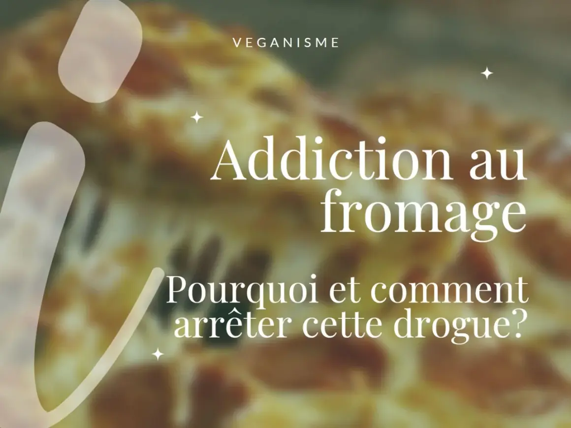 Texte sur une pizza floue : "Addiction au fromage. Pourquoi et comment arrêter cette drogue?