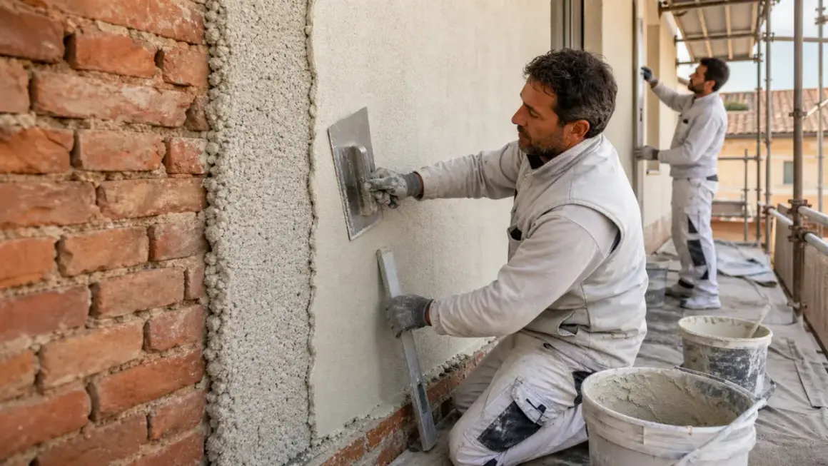 Un operaio intonaca un muro senza intonaco, mentre un collega lavora sullo sfondo. Lavori di ristrutturazione in corso.