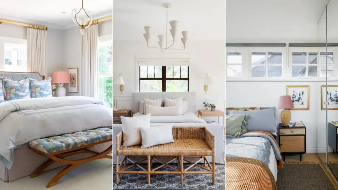 Three stylish bedrooms feature a bed against a window, each with unique decor.
