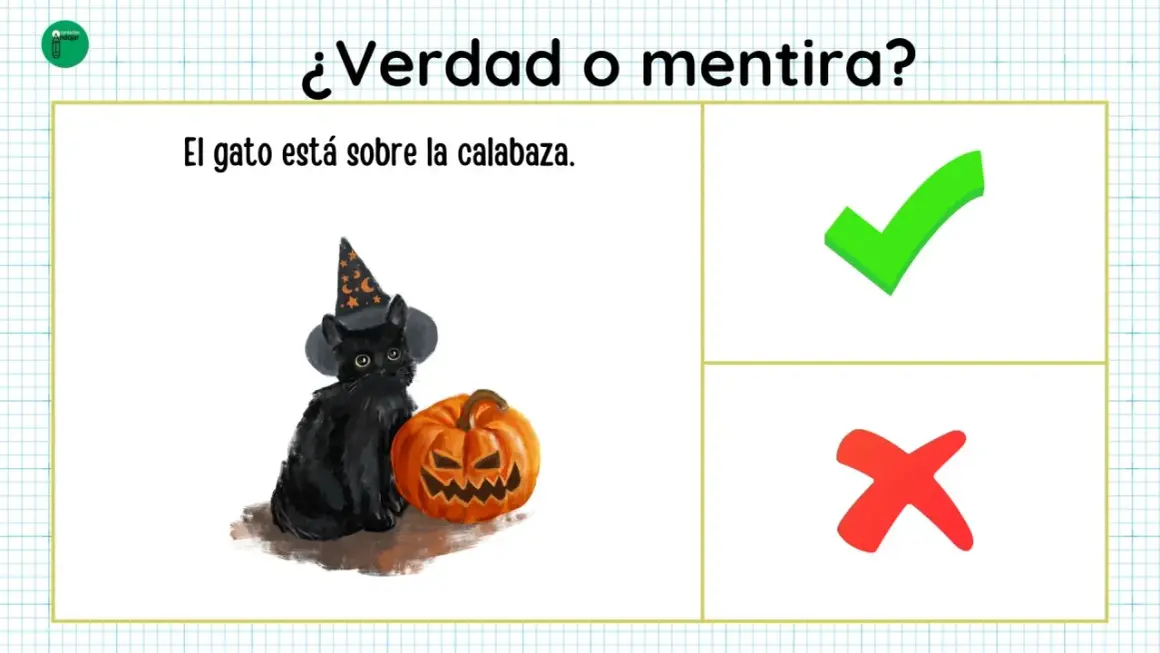 Gato negro con sombrero de bruja y calabaza de halloween. ¿Verdad o mentira? El gato está sobre la calabaza.