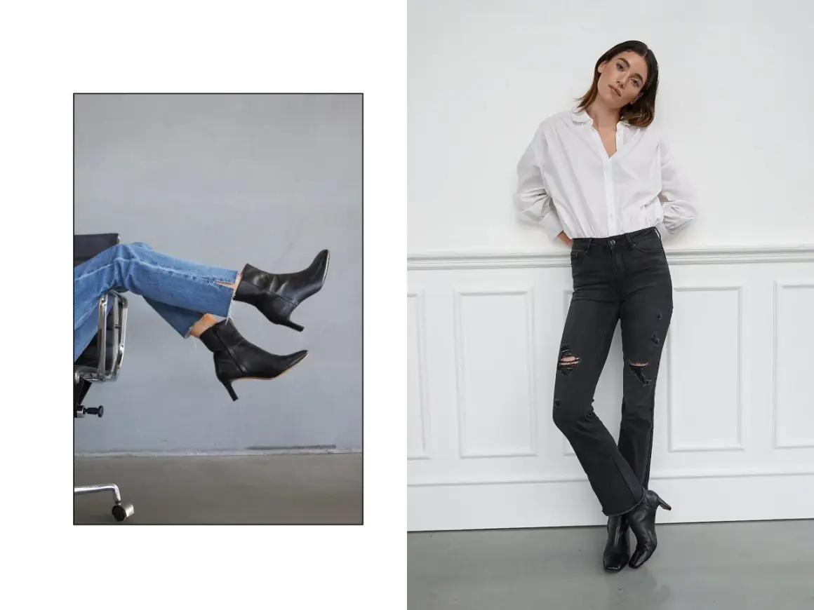 En kvinna i svarta, slitna vmbrenda jeans och en vit skjorta lutar sig mot en vägg. En annan bild visar en närbild på benen i ljusa vmbrenda jeans och svarta stövletter.