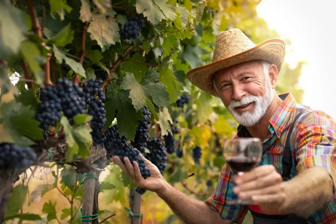 Winzer mit Strohhut hält Glas Rotwein, umgeben von reifen Weintrauben. Er bereitet sich darauf vor, Wein anzusetzen mit den frischen Trauben.