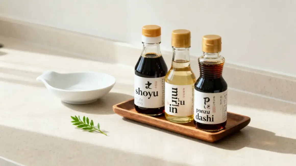 Tre flaskor med japanska smaksättare: shoyu, mirin och ponzu dashi. Perfekt för att ge ditt soja innehåll en extra touch.