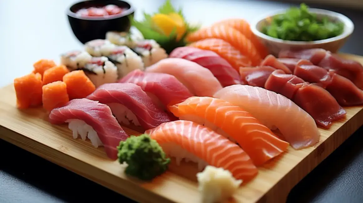 Vielfalt an Sushi: Nigiri mit Lachs, Thunfisch und weißem Fisch, dazu Maki-Rollen und kleine Lachs-Würfel. Was ist Sashimi Sushi? Hier sehen Sie die reine Fisch-Kunst.