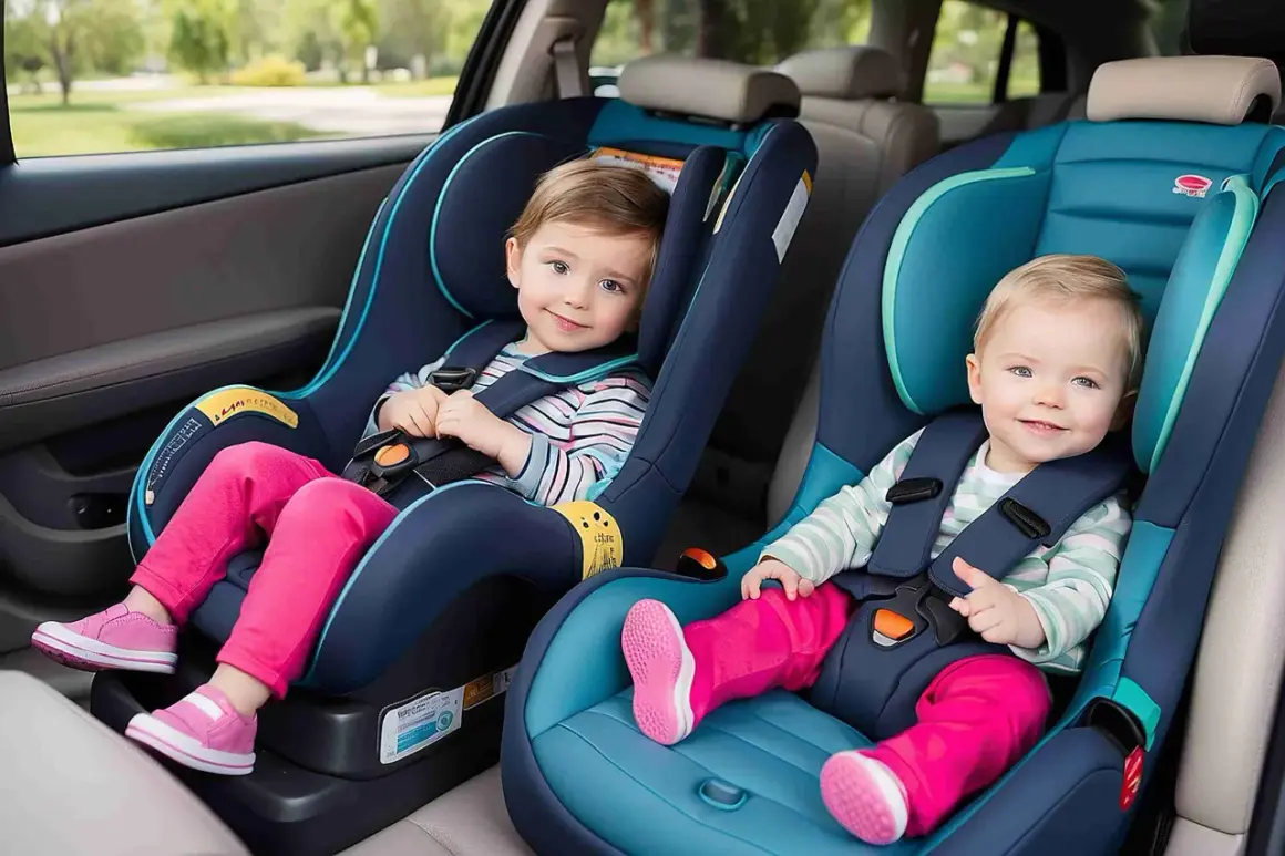 Zwei lächelnde Kinder sitzen sicher in ihren Kindersitzen im Auto.