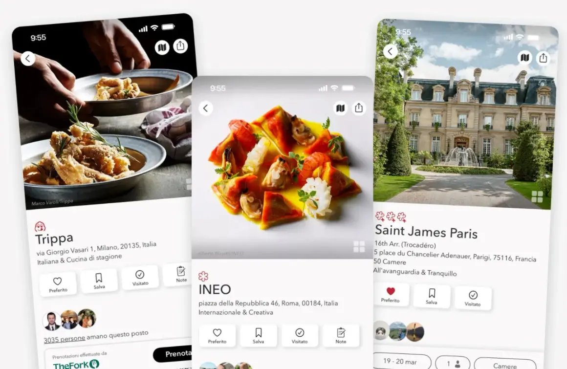 App di ristoranti con piatti invitanti e un hotel di lusso, come da guida Michelin.