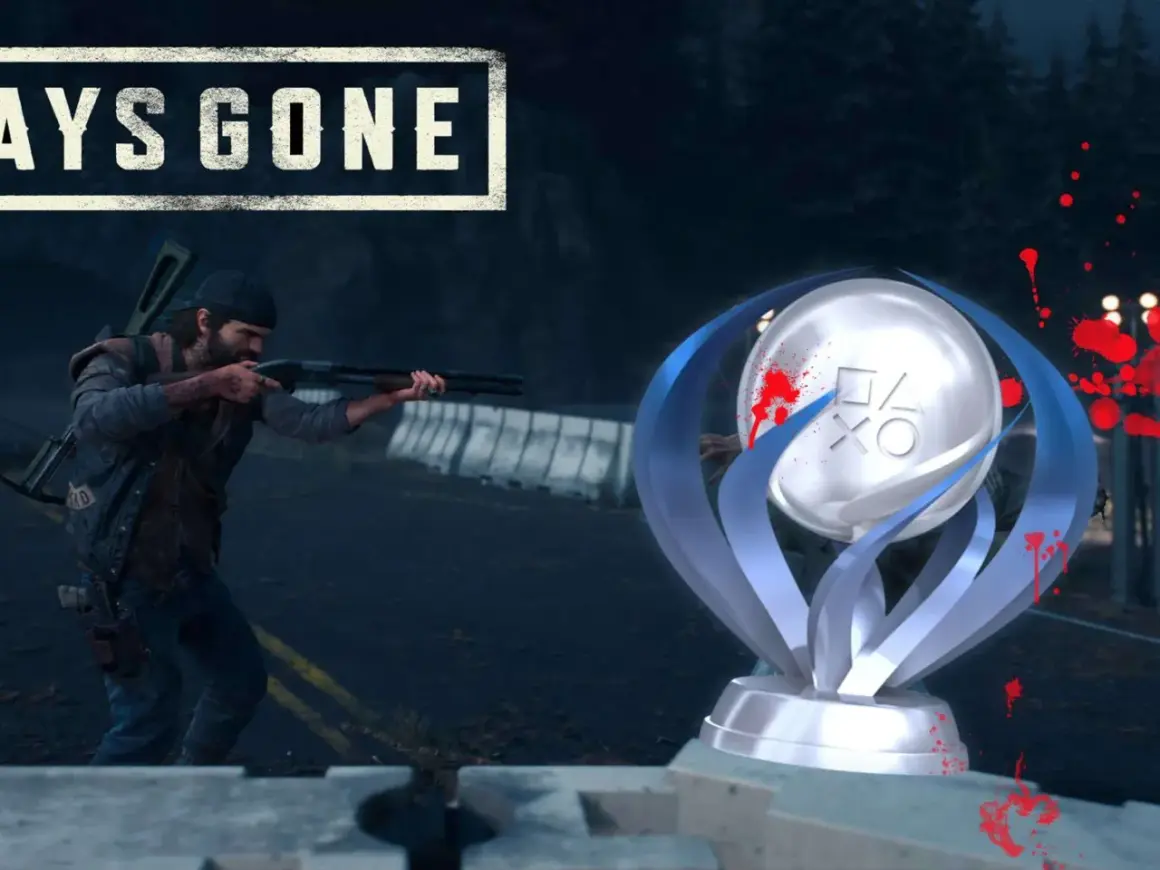 Deacon St. John zielt mit seiner Schrotflinte, während ein glänzender Pokal mit roten Spritzern und den PlayStation-Symbolen im Vordergrund steht. Ein Hinweis auf die Jagd nach Days Gone Sammelobjekten.