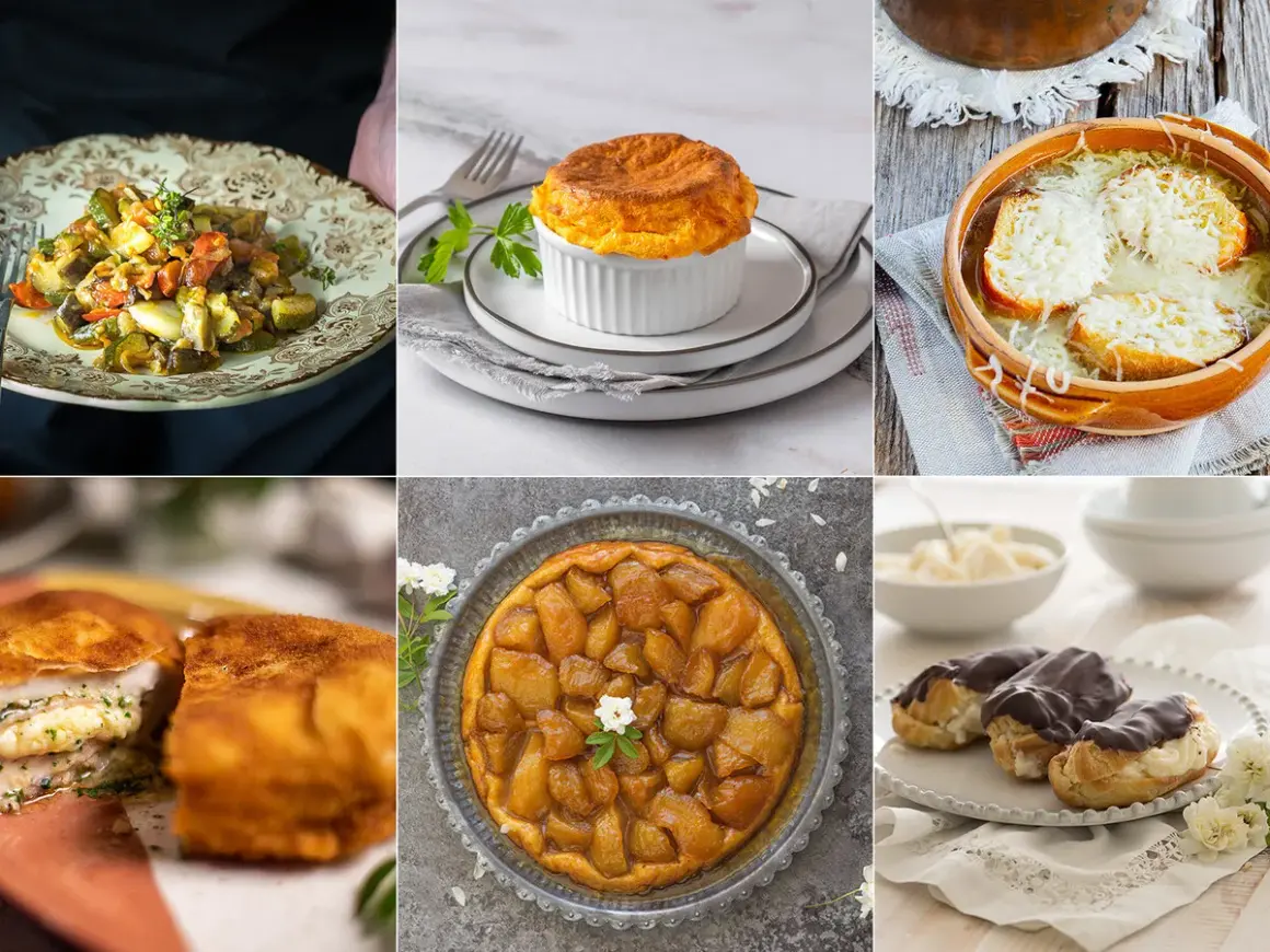 Collage de menjars típics de França: ratatouille, soufflé, sopa de ceba, escalope, tarta Tatin i éclairs.