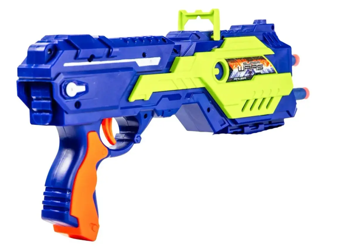 Niebiesko-zielony pistolet na strzałki piankowe z pomarańczowym uchwytem, gotowy do zabawy w Super Wars!