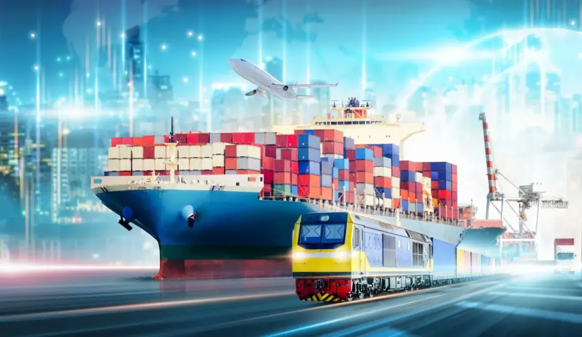 Globalne środki transportu: kontenerowiec, pociąg, samolot i ciężarówka w ruchu, symbolizujące logistykę i handel.