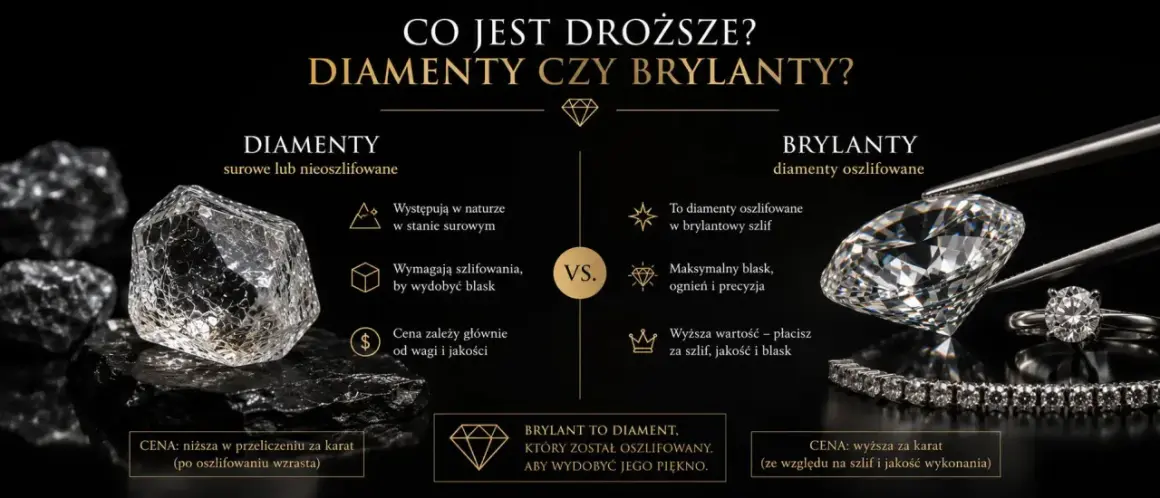 Surowe diamenty vs. oszlifowane brylanty. Co jest droższe? Brylant, bo płacisz za szlif, jakość i blask.