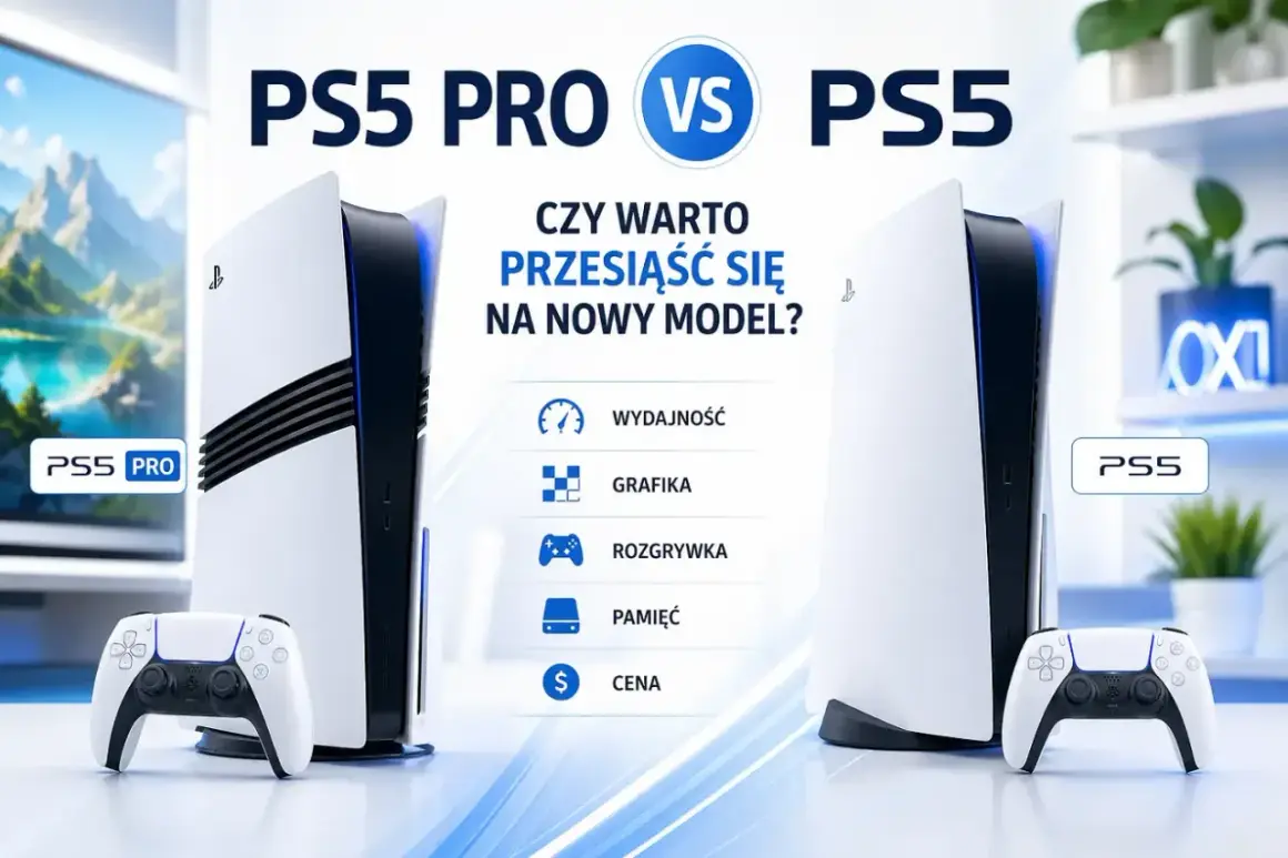 Porównanie PS5 Pro i PS5, z pytaniem "Czy warto przesiąść się na nowy model?". Wskazuje na różnice w wydajności, grafice, rozgrywce, pamięci i cenie.