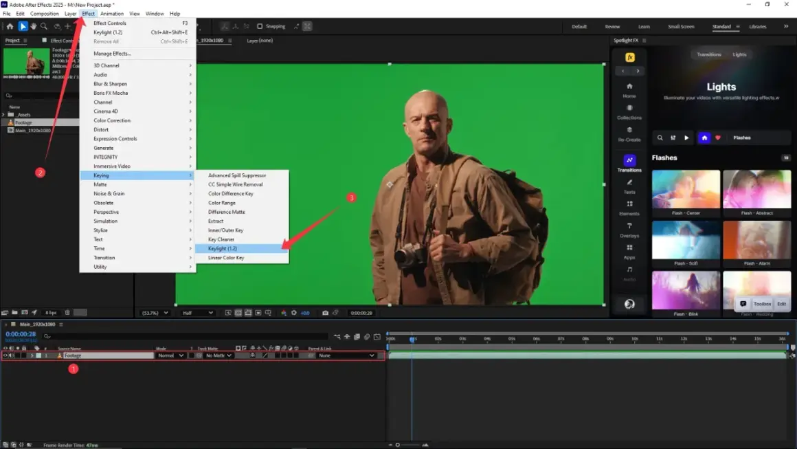 After Effects tutorial: Learn how to remove green screen using Keylight (1.2) from the Keying effects menu.