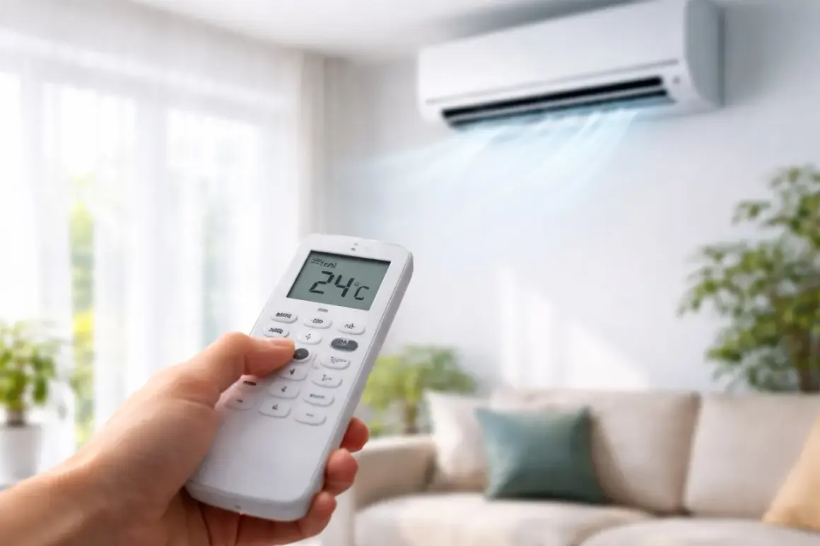 Une main tient une télécommande pour régler le climatiseur en mode auto. L'air frais est diffusé dans la pièce.