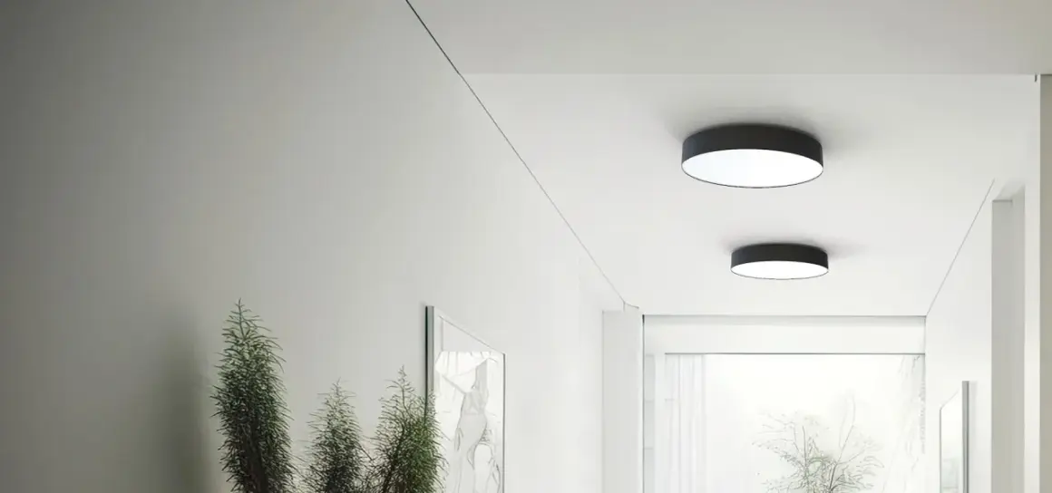 Dwie okrągłe lampy led ip65 na suficie, oświetlające nowoczesny korytarz z roślinami.
