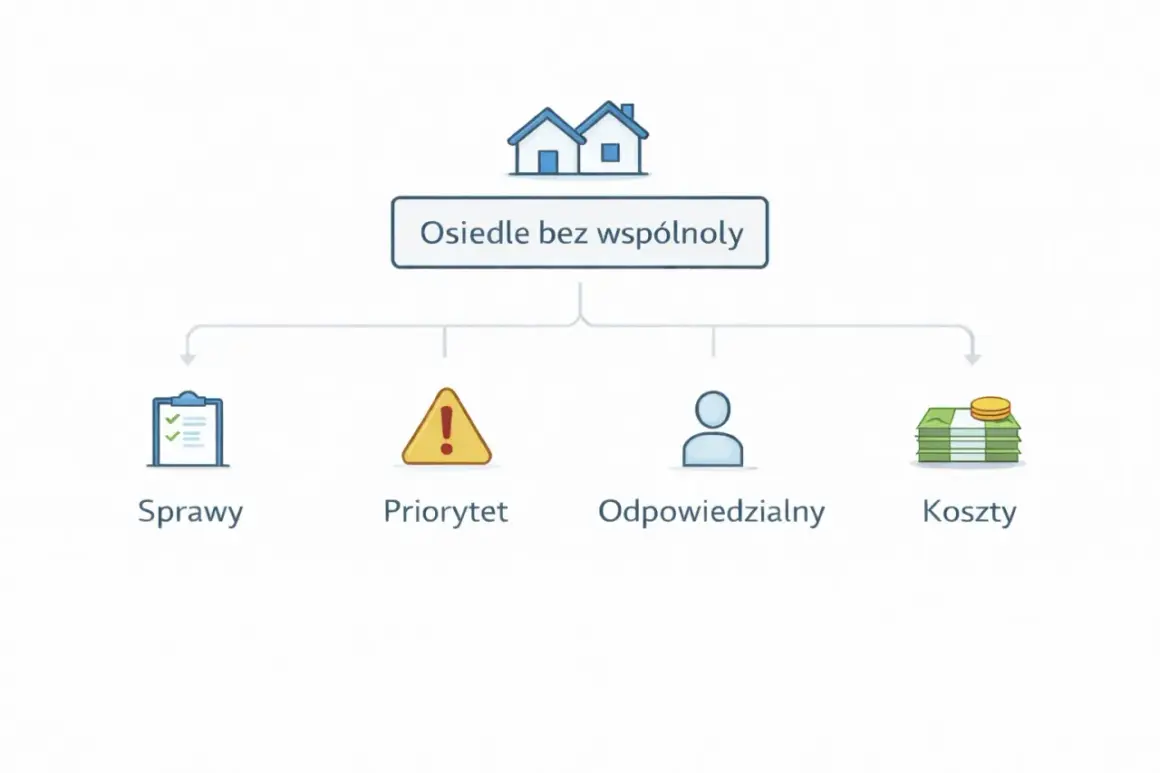 Schemat organizacyjny dla osiedla bez wspólnoty: sprawy, priorytety, odpowiedzialni i koszty.