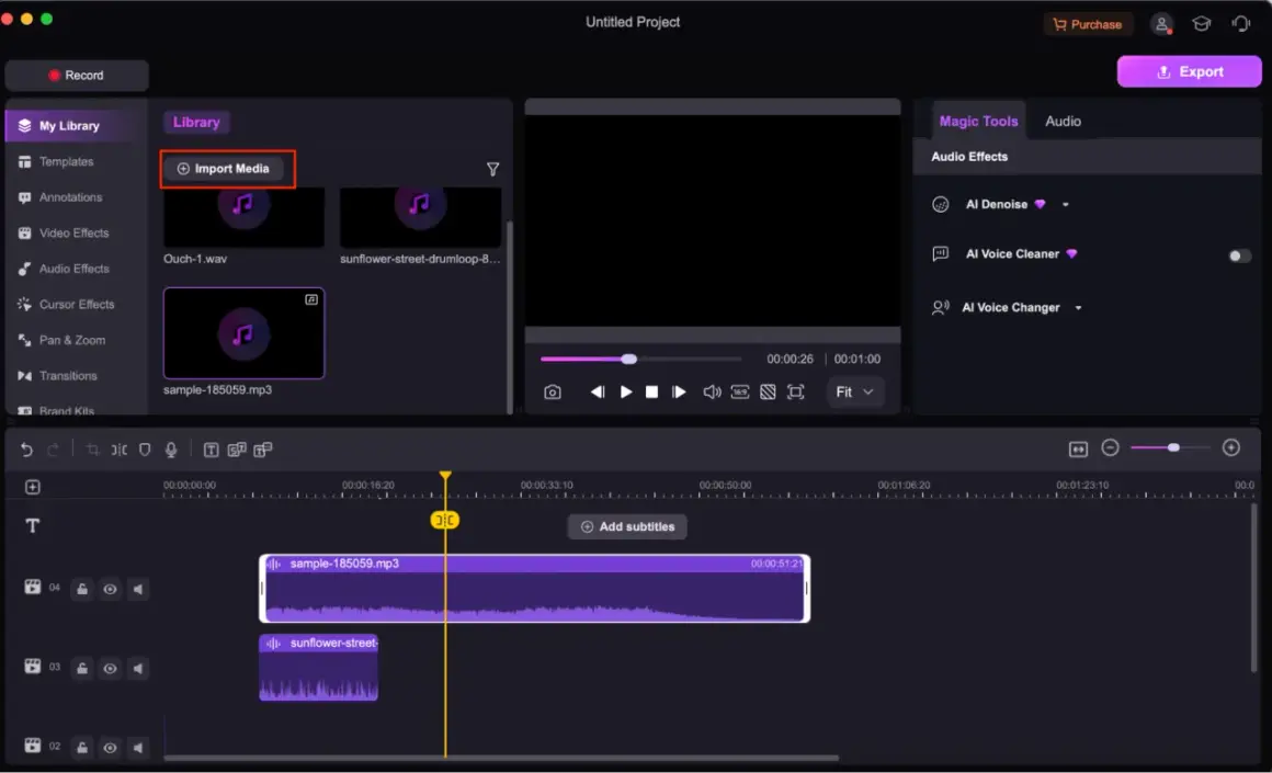 Importing a .wav file on a Macintosh computer into a video editor.