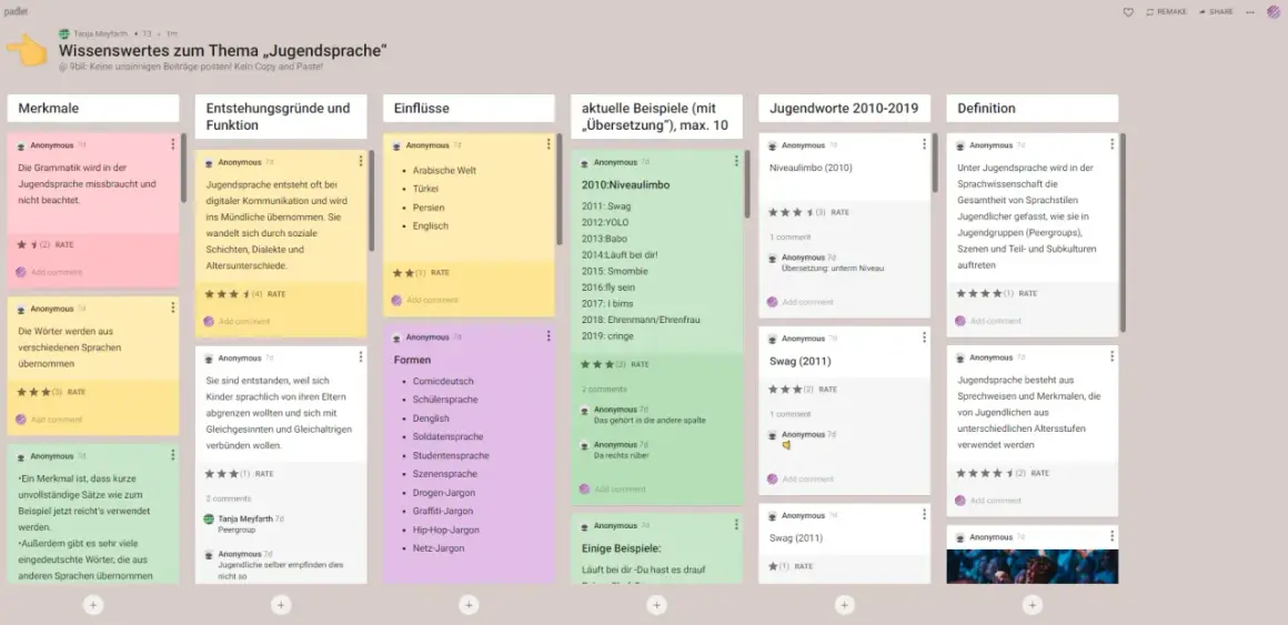 Padlet-Board zum Thema Jugendsprache: Merkmale, Entstehung, Einflüsse, Formen, Beispiele und Definitionen. Hier kann man ein Padlet erstellen.
