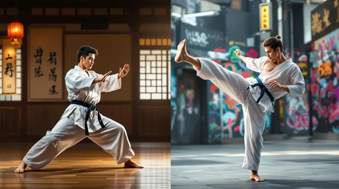 Två män i vita dräkter utövar budo kampsport. Den ena i en traditionell dojo, den andra med en bakgrund av graffitiväggar.